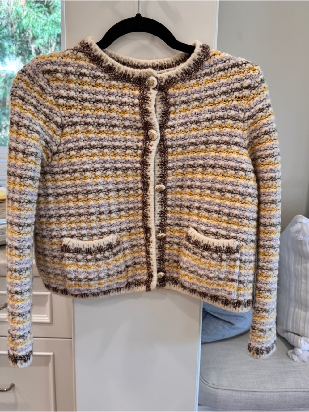 ba&sh Striped Bouclé Cardigan in Cream, Yellow & Brown